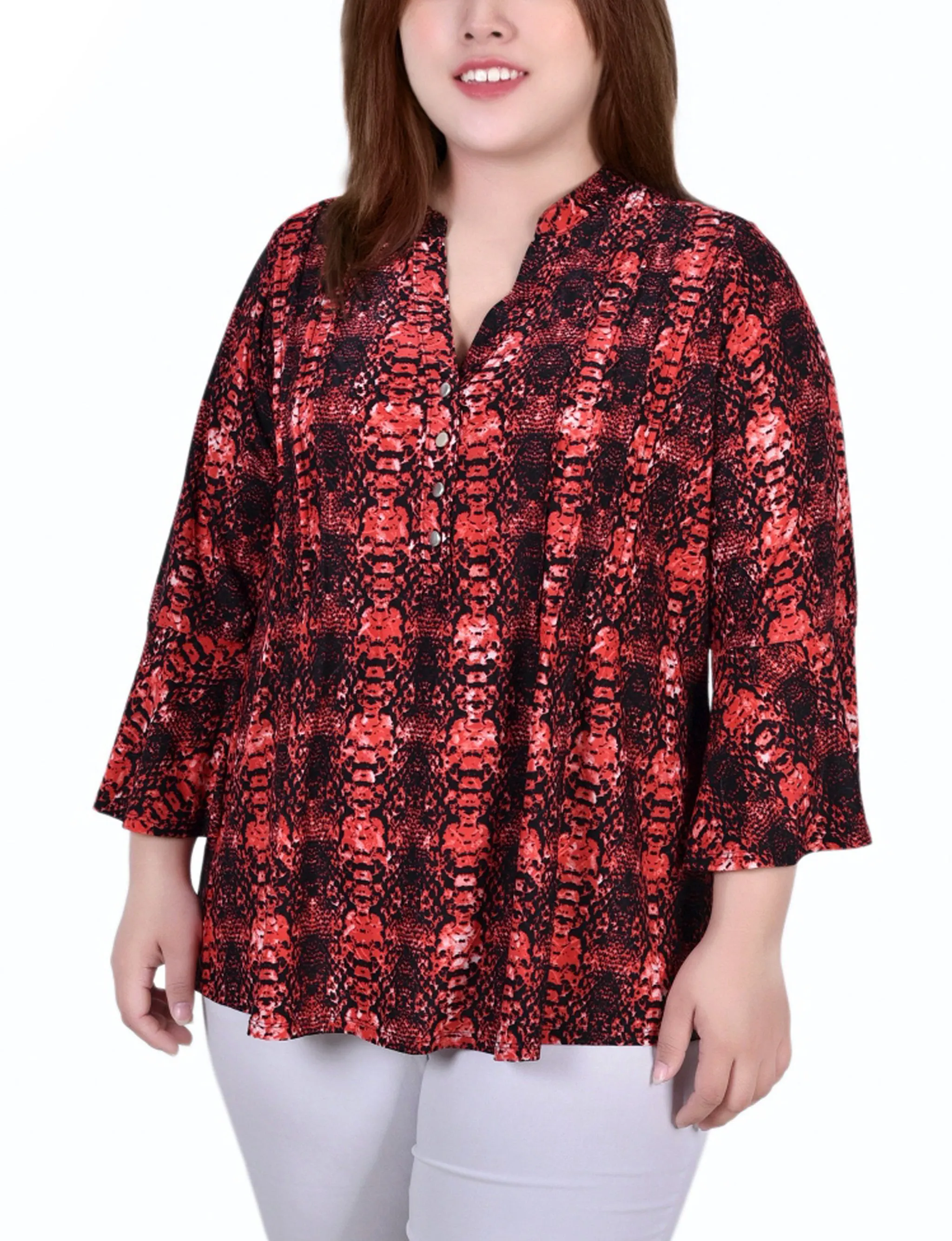 FlexibleKnit Plus Size 3/4 Bell Sleeve Pleat Front Y Neck Top
