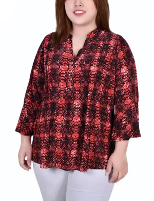 Tailored Seams Plus Size 3/4 Bell Sleeve Pleat Front Y Neck Top