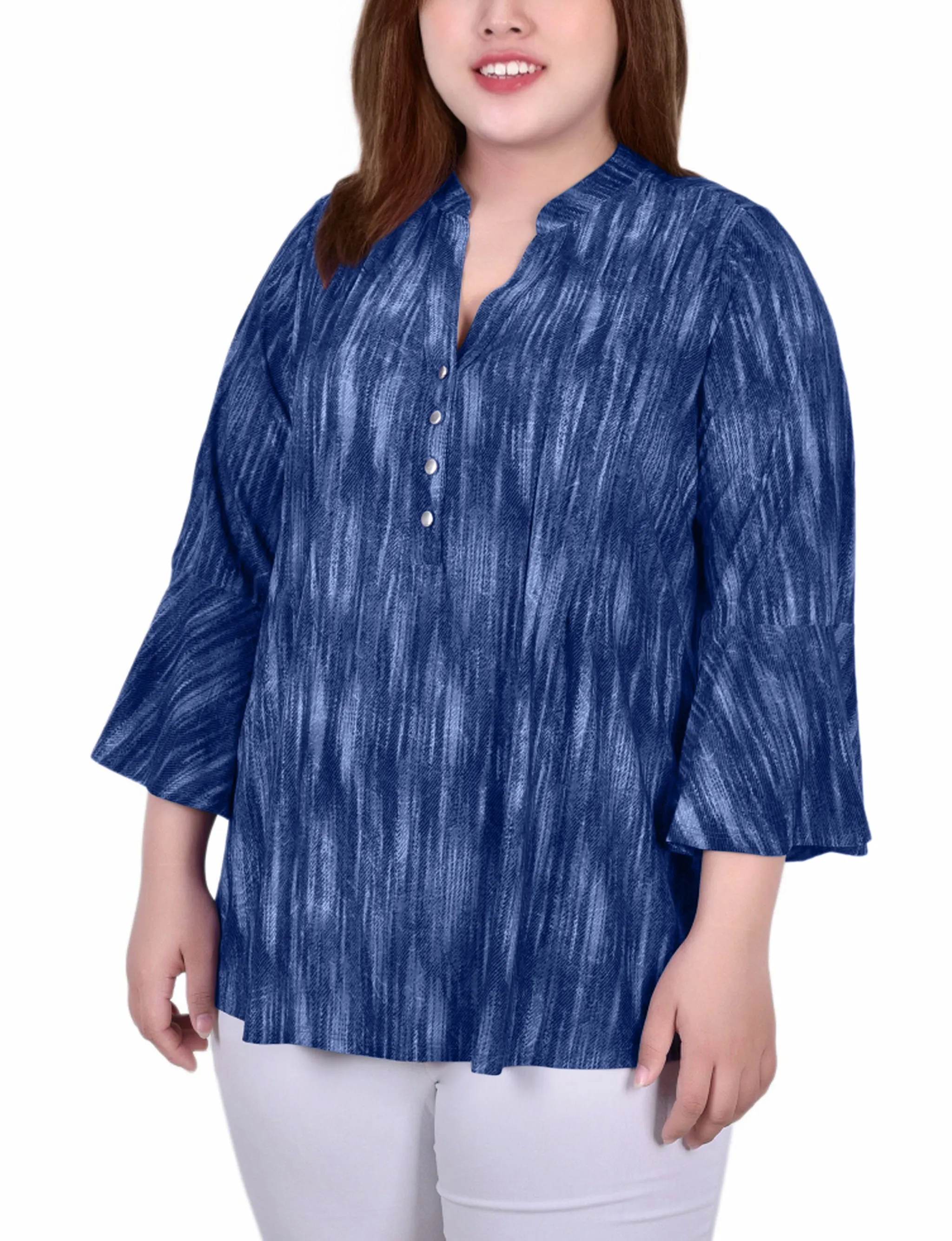 Plus Size 3/4 Bell Sleeve Pleat Front Y Neck Top Recycled Fiber Blend