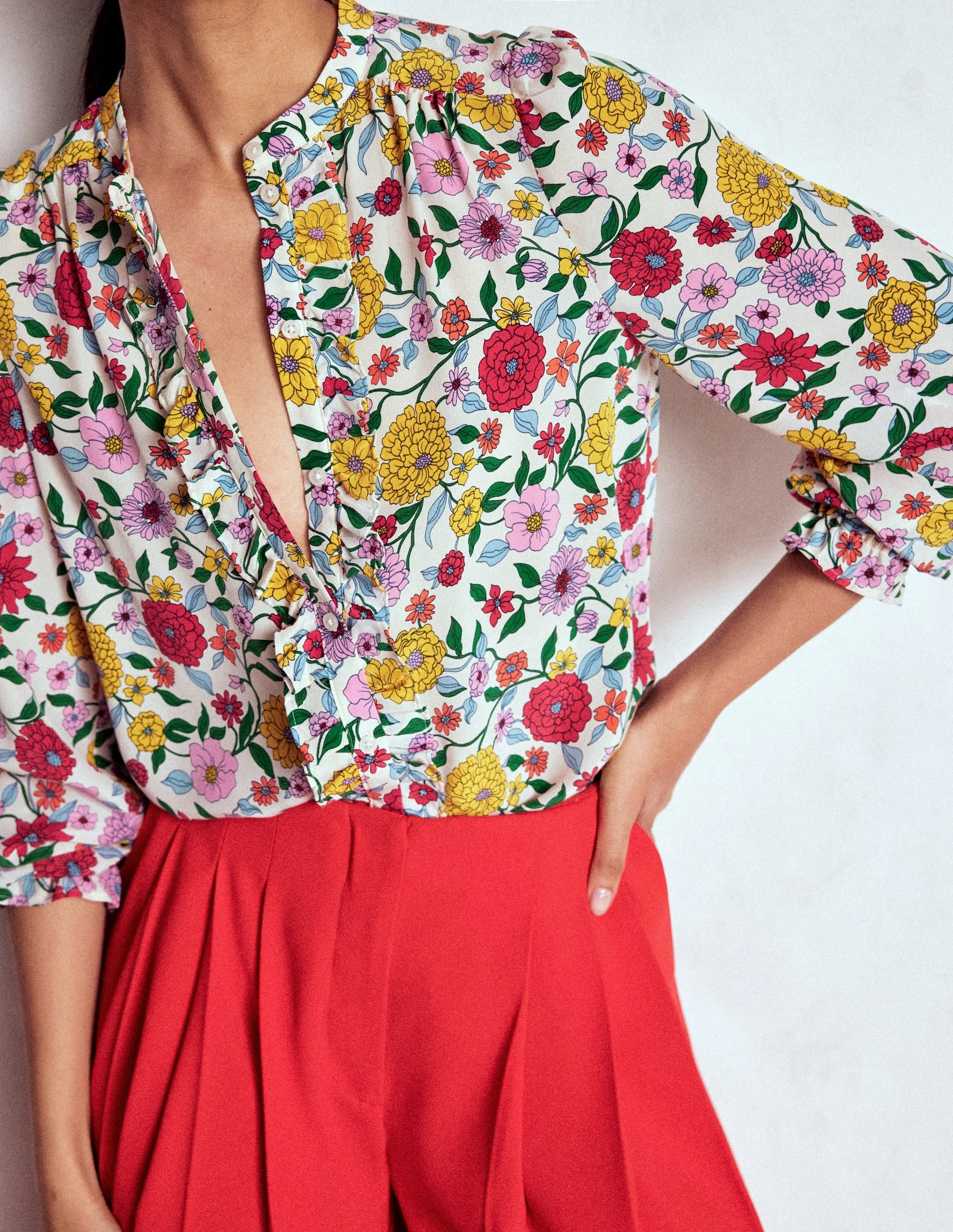 Alice Frill Front Silk Top-Multi, Dahlia Trail UltraSoft Lining