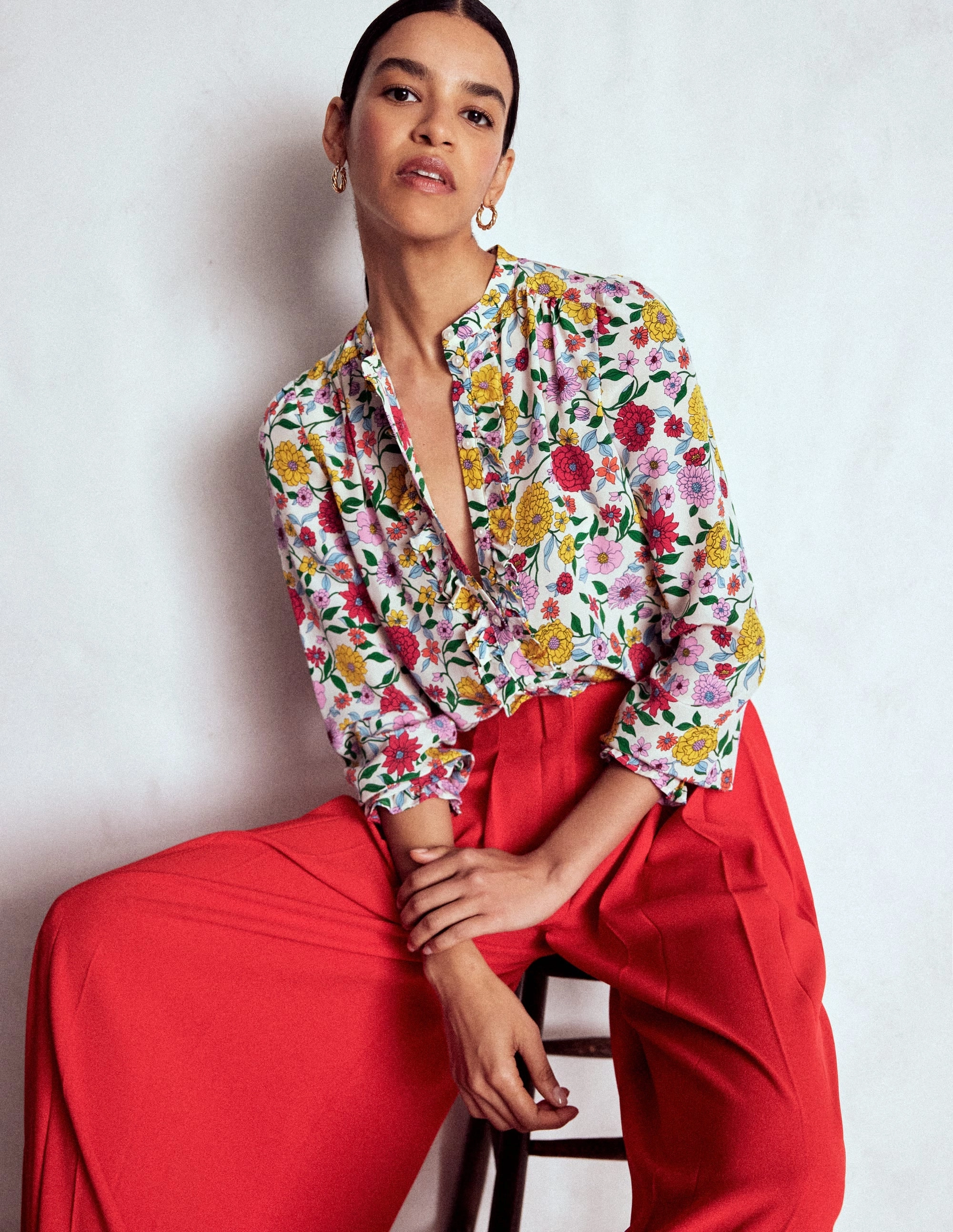 LayeredCuff Alice Frill Front Silk Top-Multi, Dahlia Trail