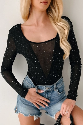 Sparkle Over Stress Rhinestone Mesh Bodysuit (Black) Postpartum Fit Daily Routine