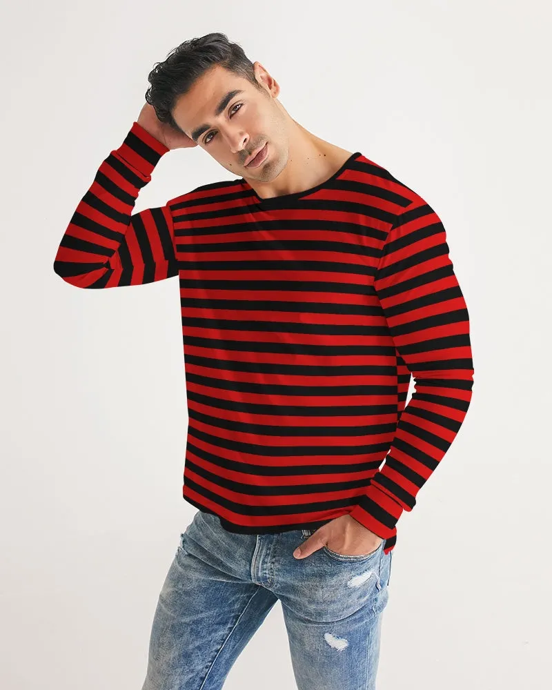 Red and Black Striped Men Long Sleeve Tshirt, Stripe Unisex Guys Women Designer Graphic Aesthetic Crew Neck Tee Shirt