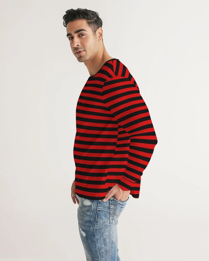 Red and Black Striped Men Long Sleeve Tshirt, Stripe Unisex Guys Women Designer Graphic Aesthetic Crew Neck Tee Shirt