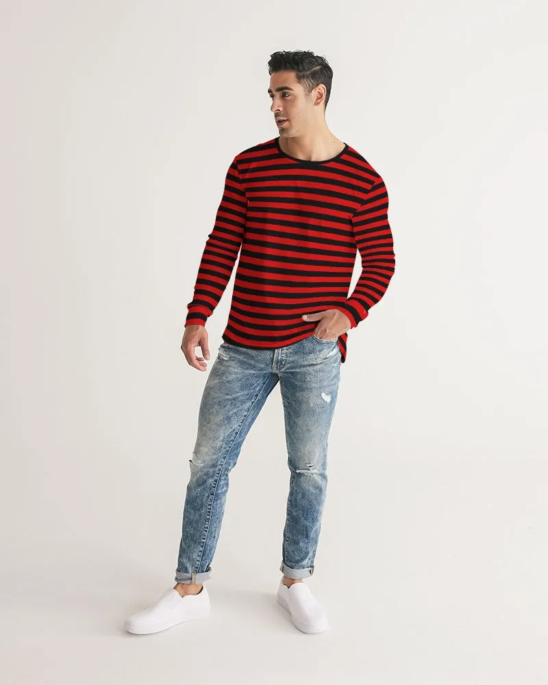 Red and Black Striped Men Long Sleeve Tshirt, Stripe Unisex Guys Women Designer Graphic Aesthetic Crew Neck Tee Shirt