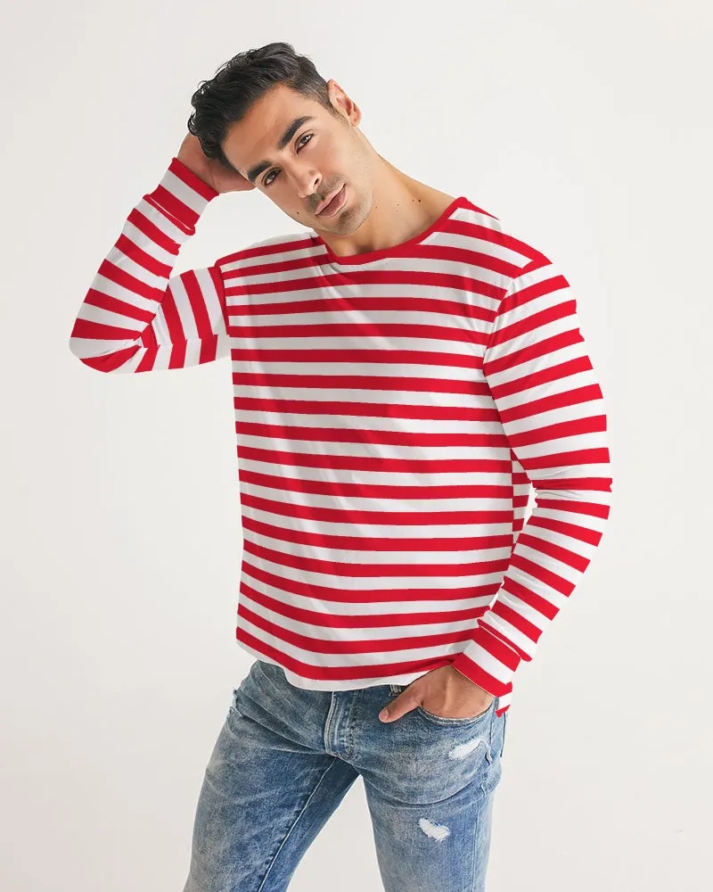 Red And White Striped Men Long Sleeve Tshirt, Thin Horizontal Stripes Unisex Women Designer Guys Graphic Printed Crew Neck Tee Shirt