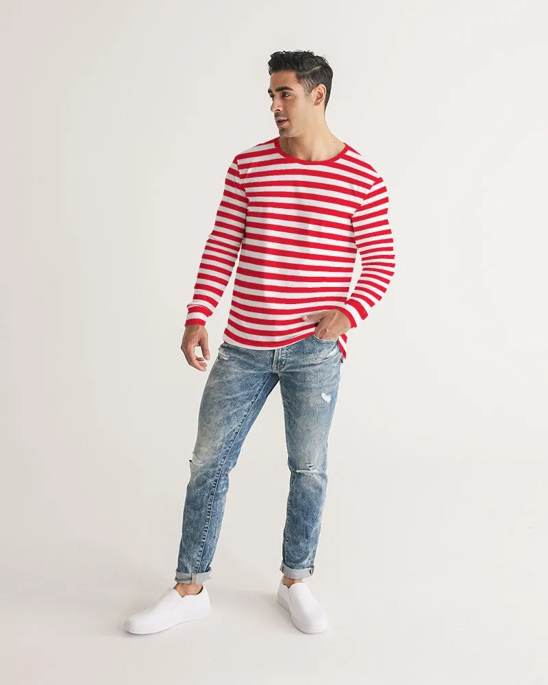 Red And White Striped Men Long Sleeve Tshirt, Thin Horizontal Stripes Unisex Women Designer Guys Graphic Printed Crew Neck Tee Shirt