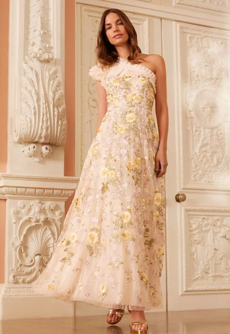 Florine One-Shoulder Ankle Gown Lace-Edge Layering Fit