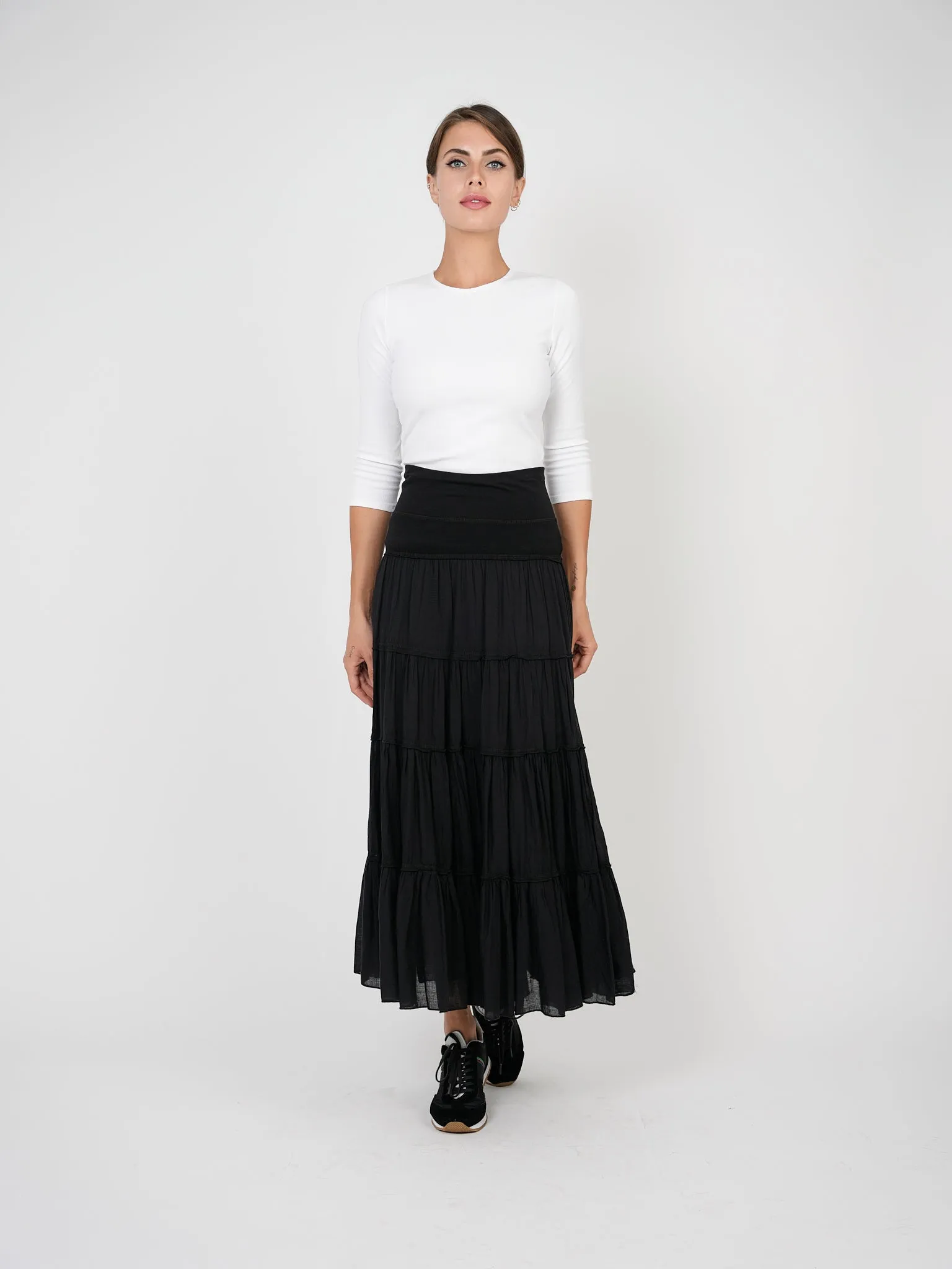 Red Myth Black Long Shirring Skirt SA9CM314L Erasable Crease Ankle length