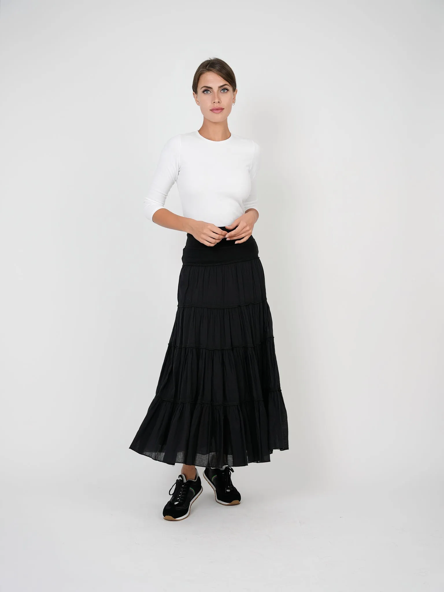 Detachable Tie Style Layering Red Myth Black Long Shirring Skirt SA9CM314L