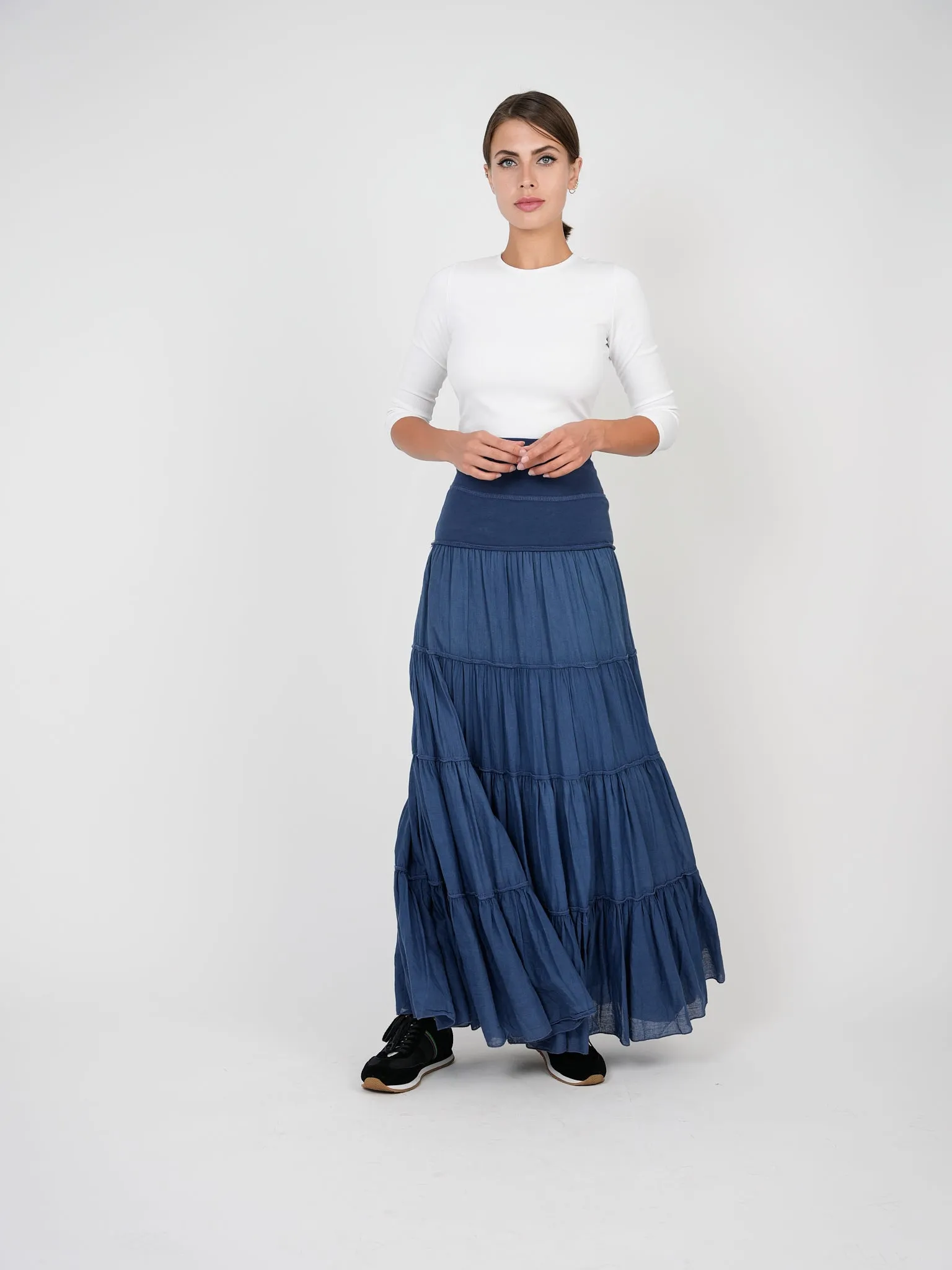 Layered Look High Rise Red Myth Denim Long Shirring SA9CM314L