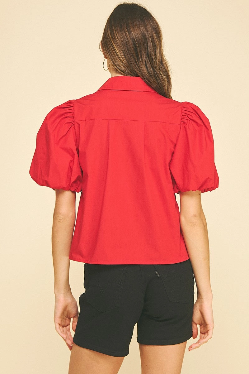 Red Bubble Sleeve Blouse Top Four Way Stretch Material FlatlockStitching