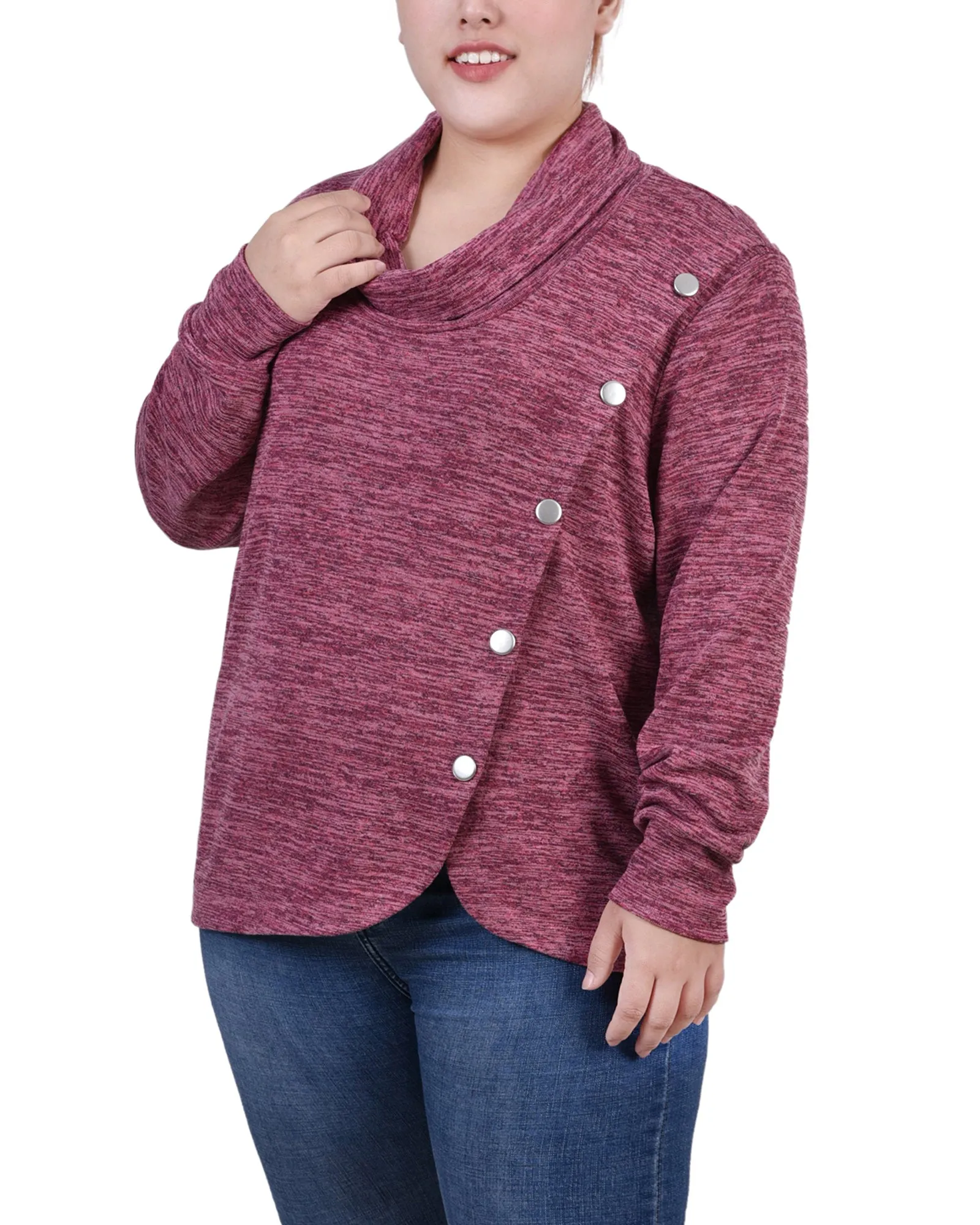 Plus Size Long Sleeve Overlapping Cowl Neck Top StretchableKnit Compression Fit Technology