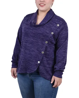 Adaptive Waistband Plus Size Long Sleeve Overlapping Cowl Neck Top