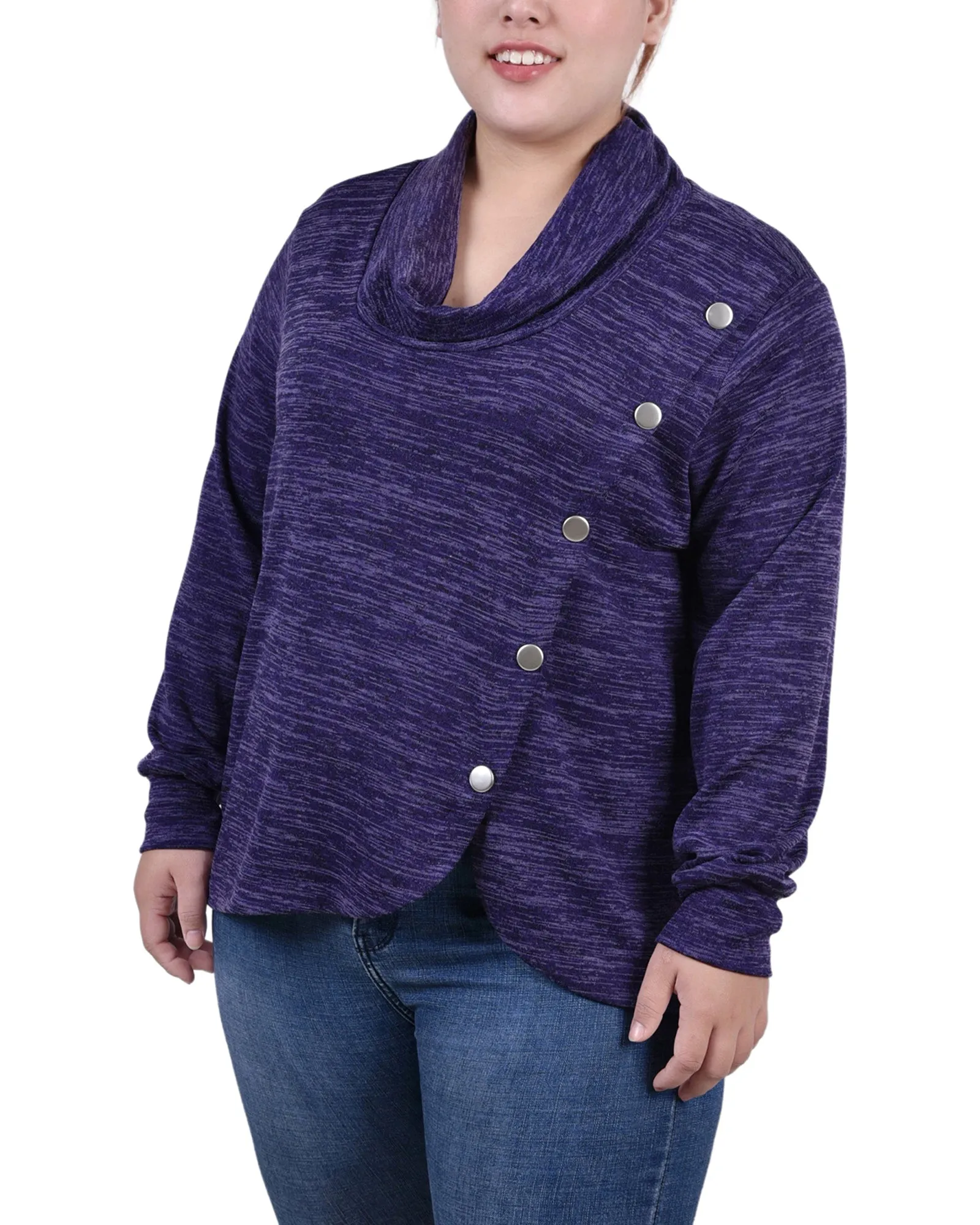 Plus Size Long Sleeve Overlapping Cowl Neck Top Adaptive Fit Technology Bonded Seam Tape