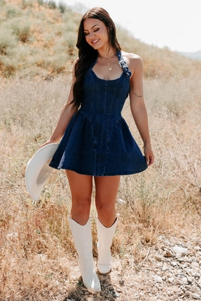 Fleeting Moments Denim Halter Mini Dress (Denim) Stain Resistant Treatment NoRoll Hem Technology