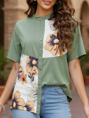 Plus Size Floral Button Down Shirt ??Summer Boho Style Microfiber Technology QuickRelease