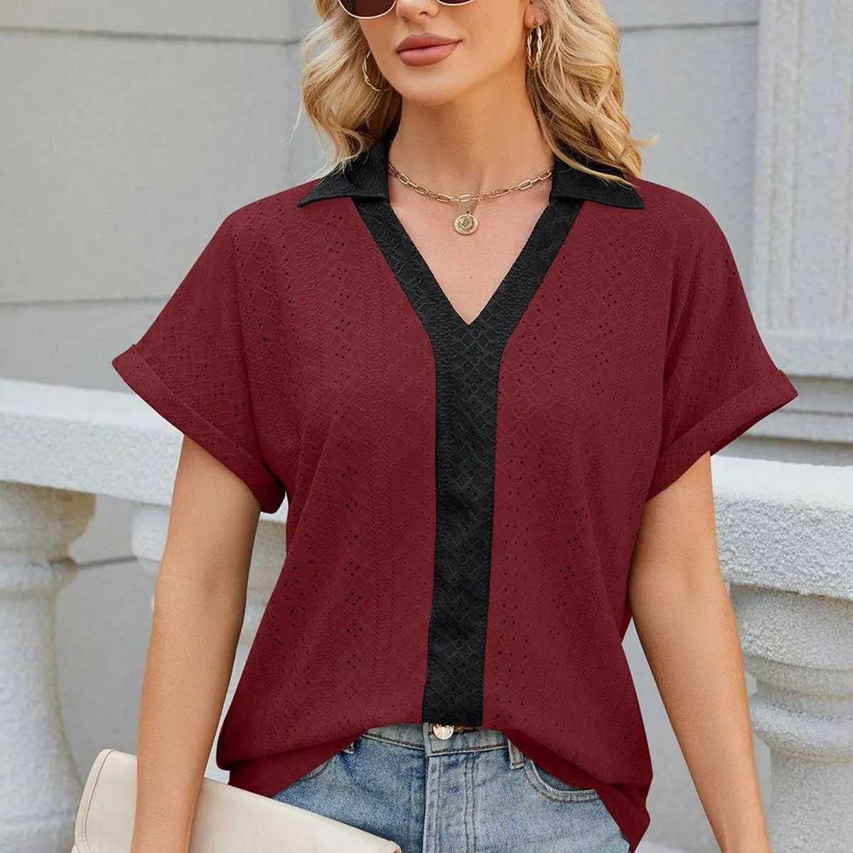AntiOdorTreatment Hypoallergenic fabric COLLARED SHORT SLEEVE CASUAL T-SHIRT BLOUSE_CWTBLS0515