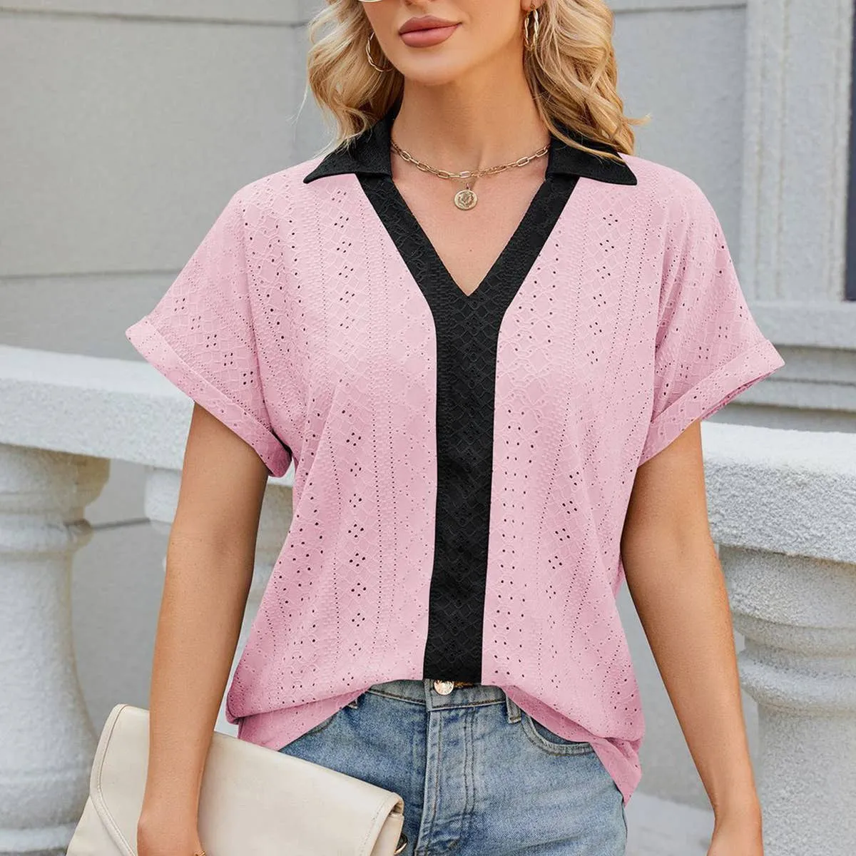 DoubleStitching Tubular Body Construction COLLARED SHORT SLEEVE CASUAL T-SHIRT BLOUSE_CWTBLS0515