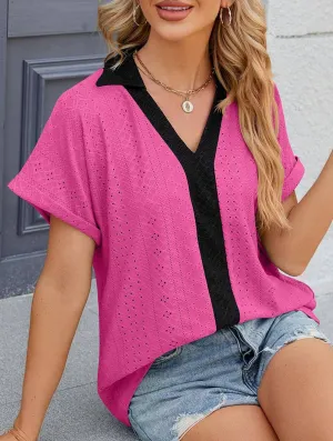 COLLARED SHORT SLEEVE CASUAL T-SHIRT BLOUSE_CWTBLS0515 Compression Fit Technology TaglessComfort