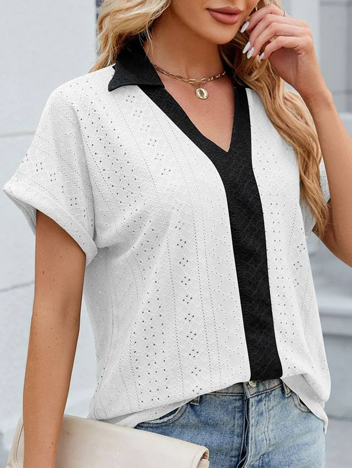 LowMaintenance Fabric Modular Pocket Layout COLLARED SHORT SLEEVE CASUAL T-SHIRT BLOUSE_CWTBLS0515
