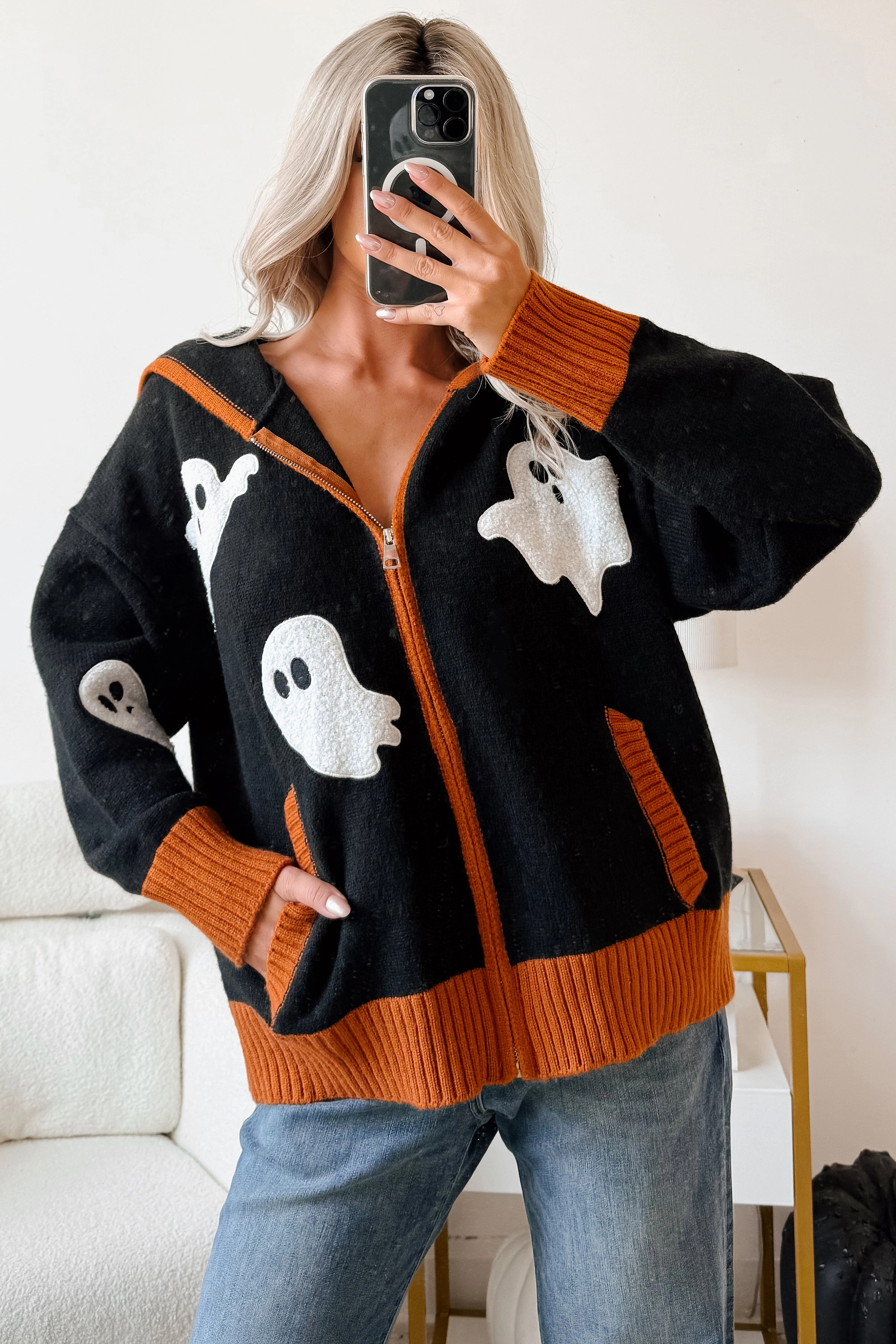 Striped Support Ghostly Grins Ghost Patch Zip-Up Hoodie (Black)