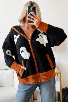 Ghostly Grins Ghost Patch Zip-Up Hoodie (Black) Exhibit college