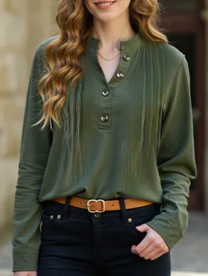Lightweight Weave Vintage pleated stand collar half-open shirt
