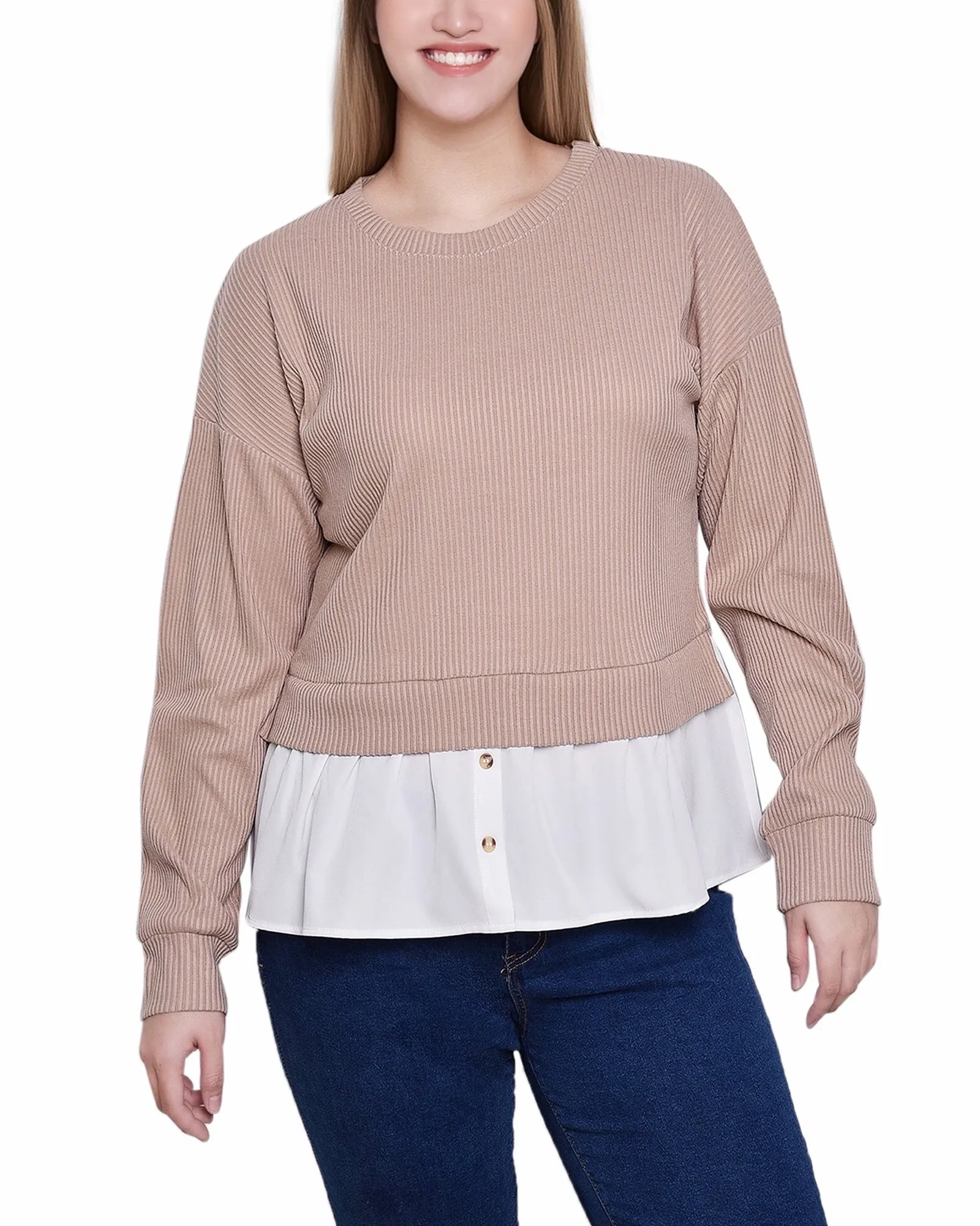 AntiBacterial Coating Long Sleeve Two-Fer Top With Gathered Inset
