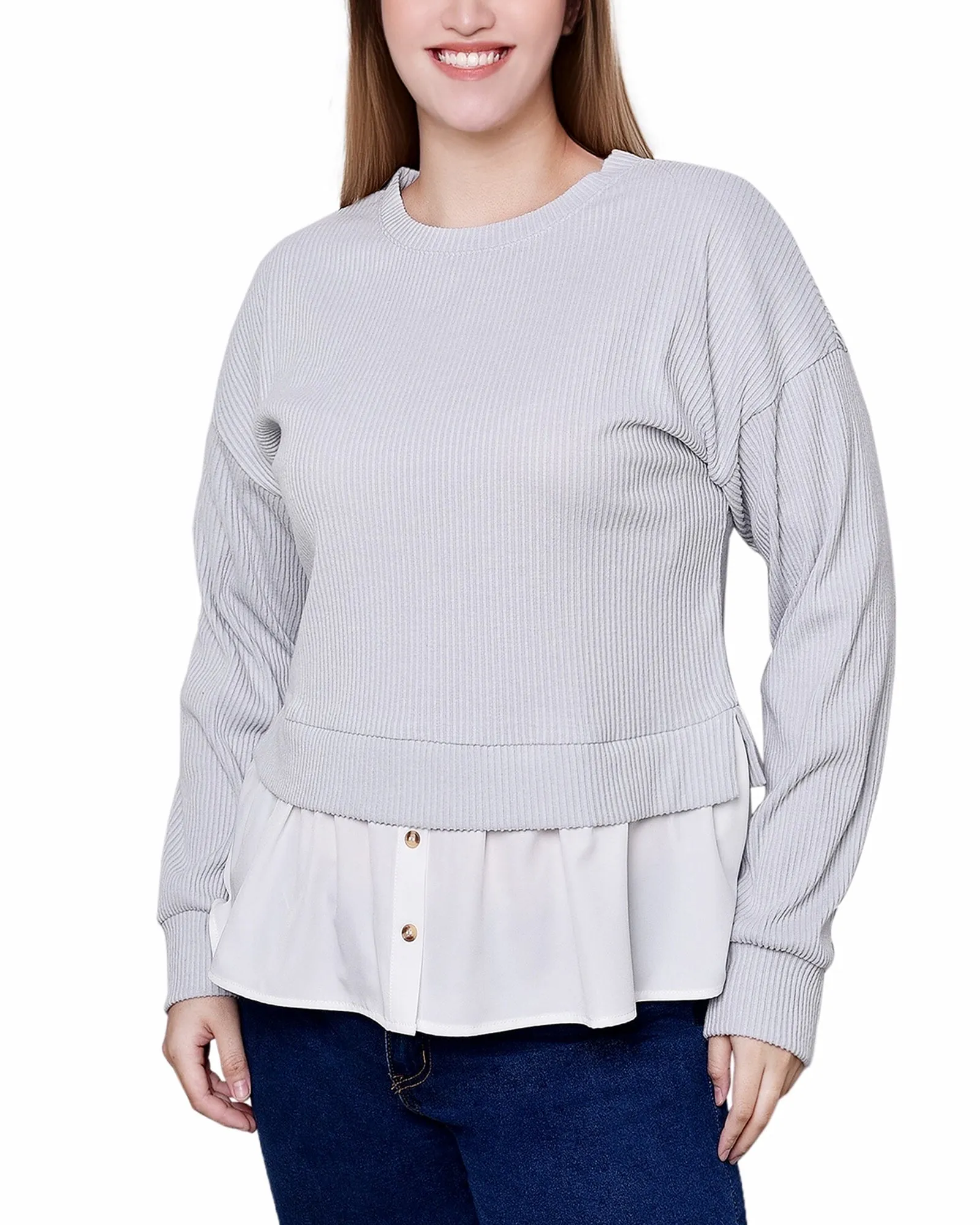 Convertible Neckline Long Sleeve Two-Fer Top With Gathered Inset