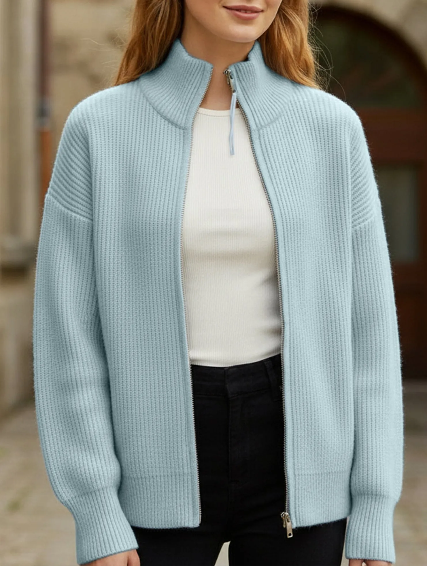 Double-ended zipper knitted cardigan RollUpCuff