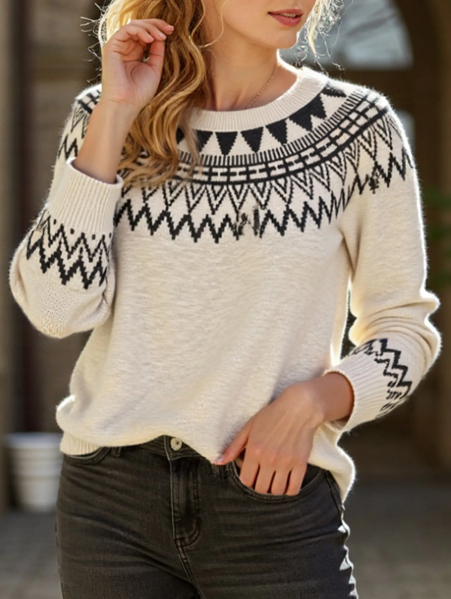 Ethnic style round neck pullover sweater Stylish Tank