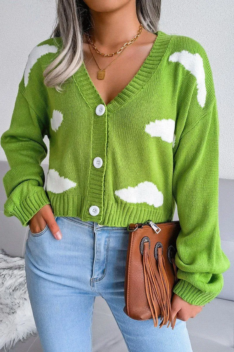 Self Fabric Tie Closure BUTTON UP CLOUD PRINTING SHORT LENGTH CARDIGAN