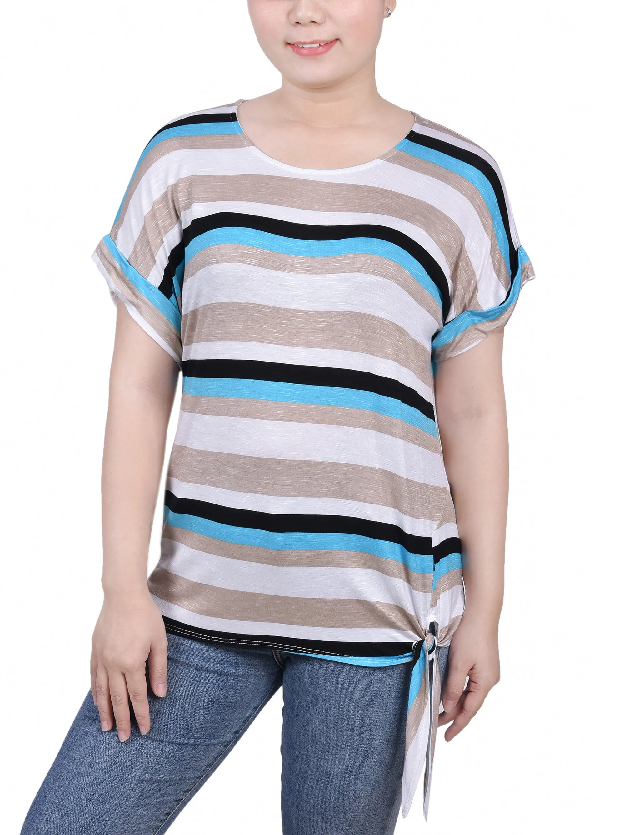 Elegant Cut Petite Short Sleeve Tie Front Top