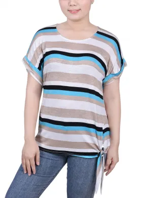 Elegant Cut Petite Short Sleeve Tie Front Top