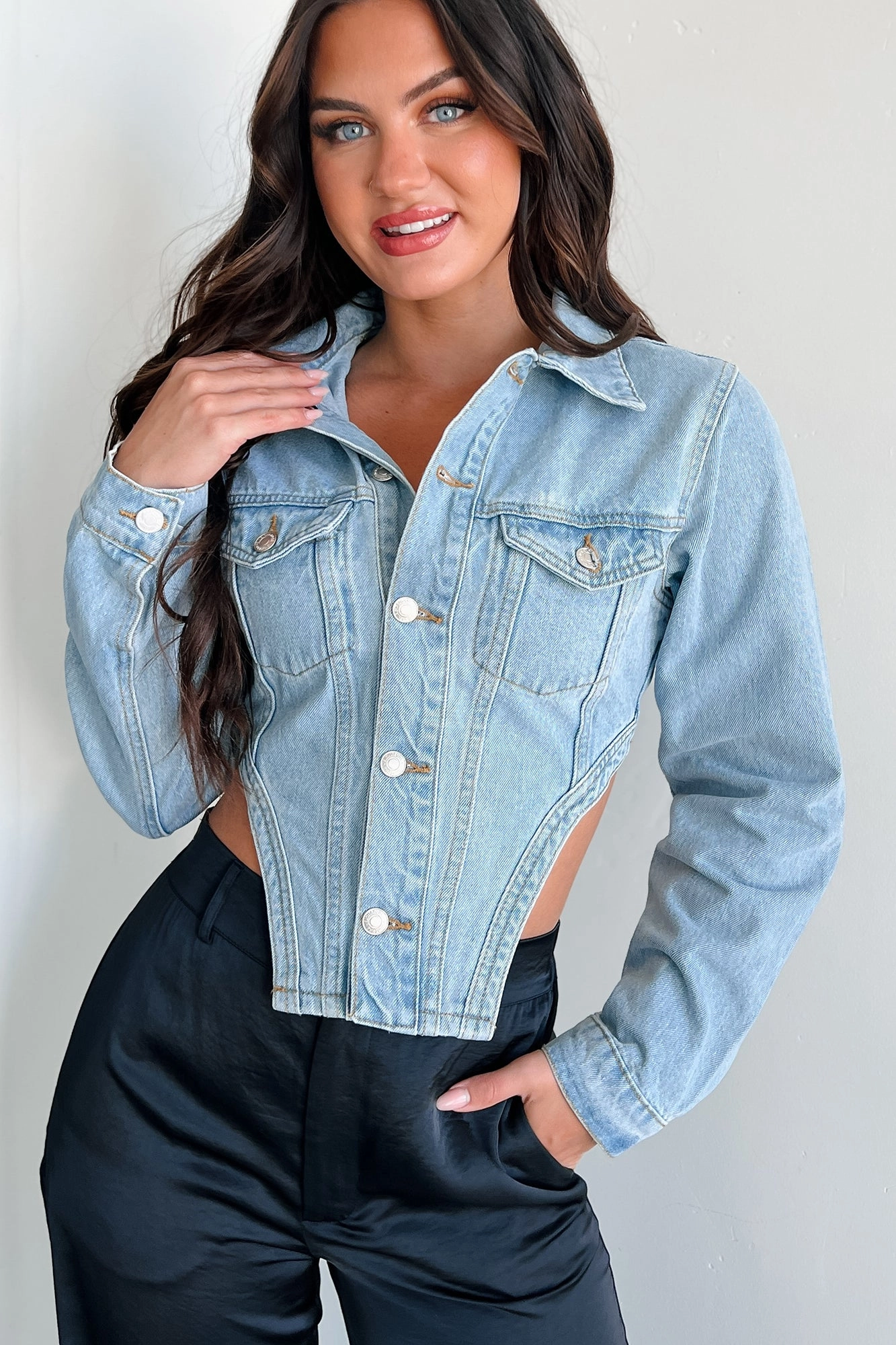 Icon Status Cropped Denim Corset Jacket (Medium Denim) suitable for extreme sports suitable for city tours