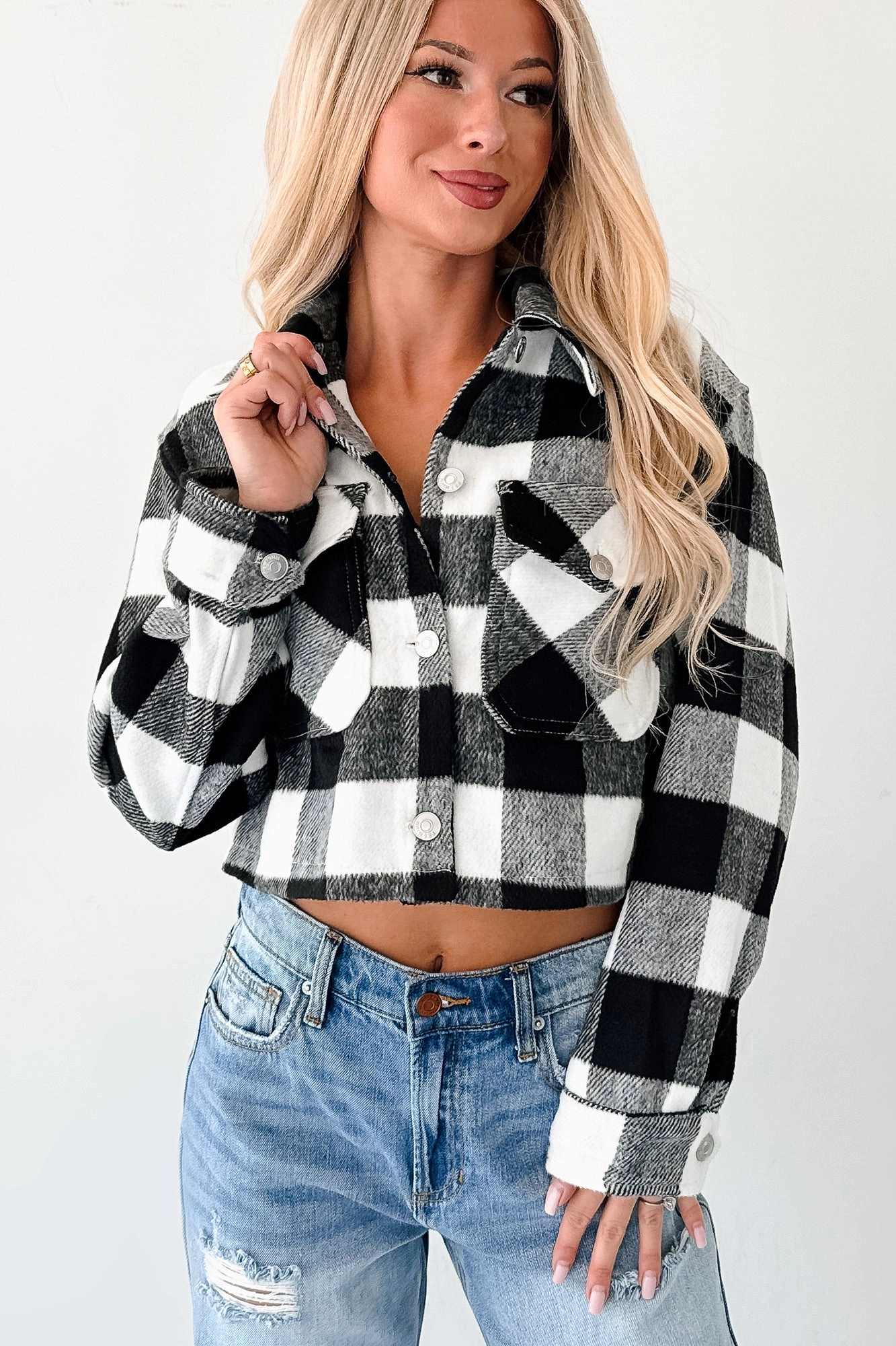 Mix - and - Match Elderly Autumn Aesthetic Plaid Crop Jacket (Black)