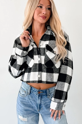 Eco - friendly Packable Construction Autumn Aesthetic Plaid Crop Jacket (Black)