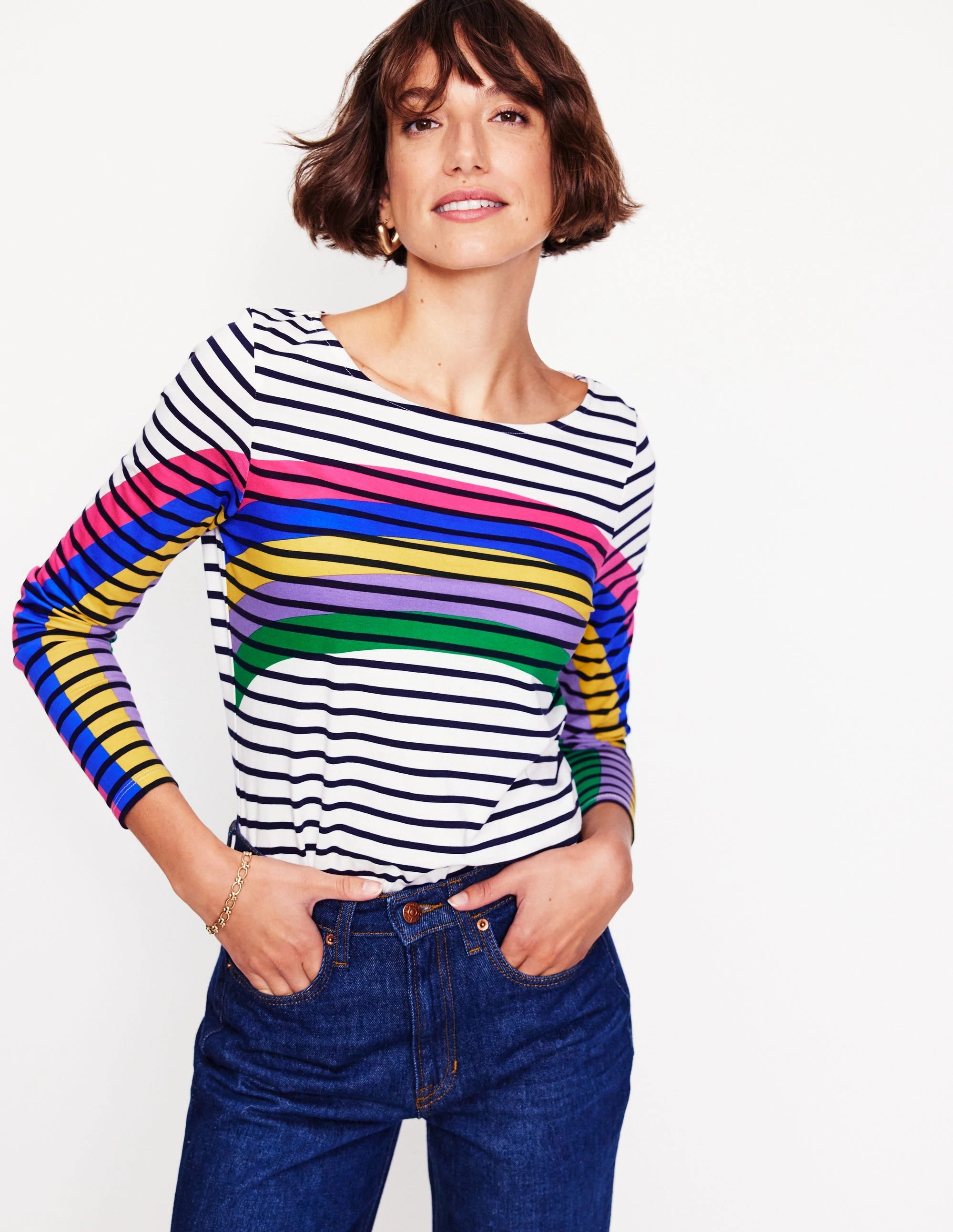 RibbedNeckline Durable Fiber Blend Ella Long Sleeve Breton-Rainbow Curve Breton