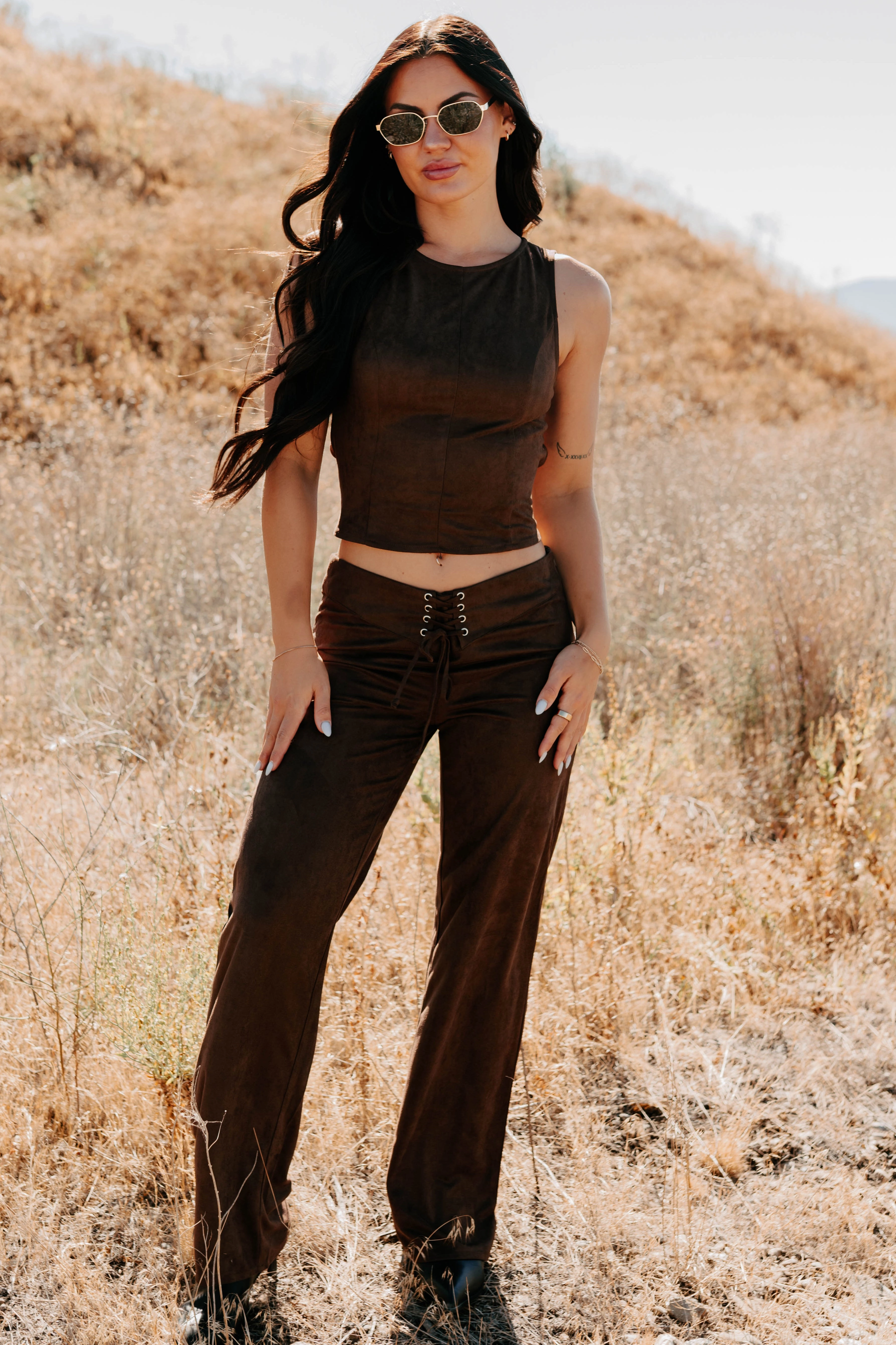 Unmatched Charm Lace-Up Suede Pants (Brown) EthicallySourced