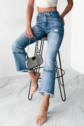 HighNeck DoubleStitchedSeams Lennon High Rise Tummy Control Kick Flare Special A Jeans (Dark)
