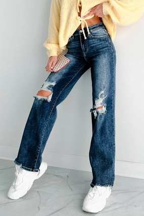 Bohemian style FlexibleWaistband Hagan Judy Blue High Waist 90's Distress Straight Leg Jeans (Dark)