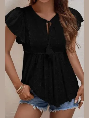 RUFFLED SLEEVE TIE NECK TUNIC TOP Reflective Logo Detail VersatileNeckline