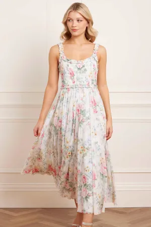 Winter-Season Fitted Neat Pompadour Garden Chiffon Smocked Cami Ankle Gown