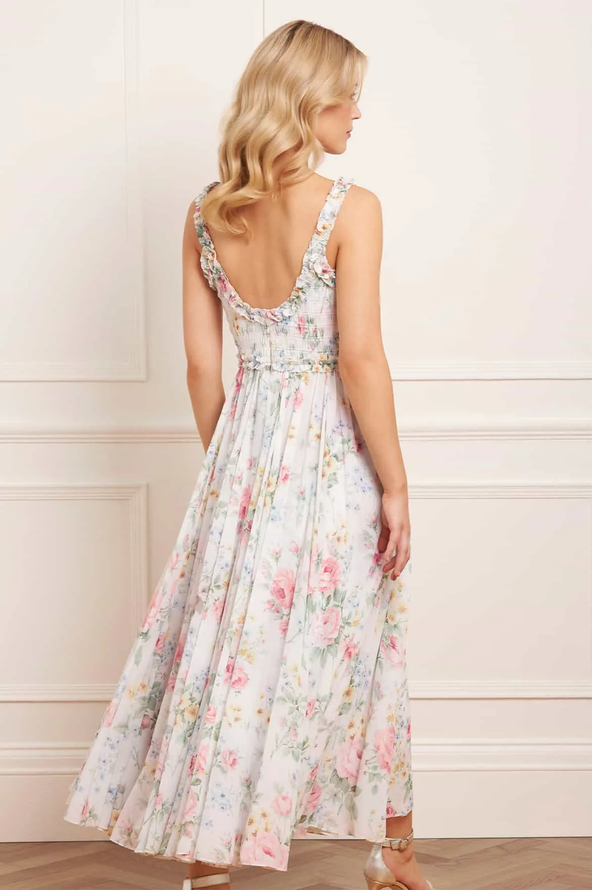 Durable-Fabric Pompadour Garden Chiffon Smocked Cami Ankle Gown