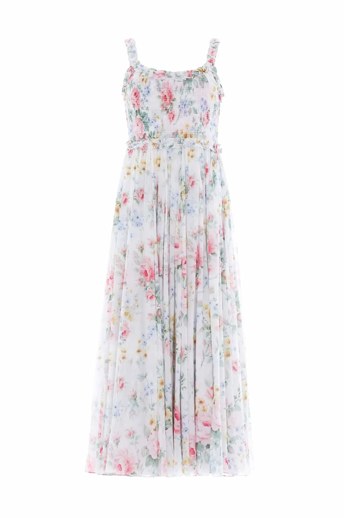 Pompadour Garden Chiffon Smocked Cami Ankle Gown Saturated Hue