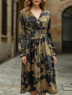 Retro style v-neck hot stamping dress Lightweight Fabric