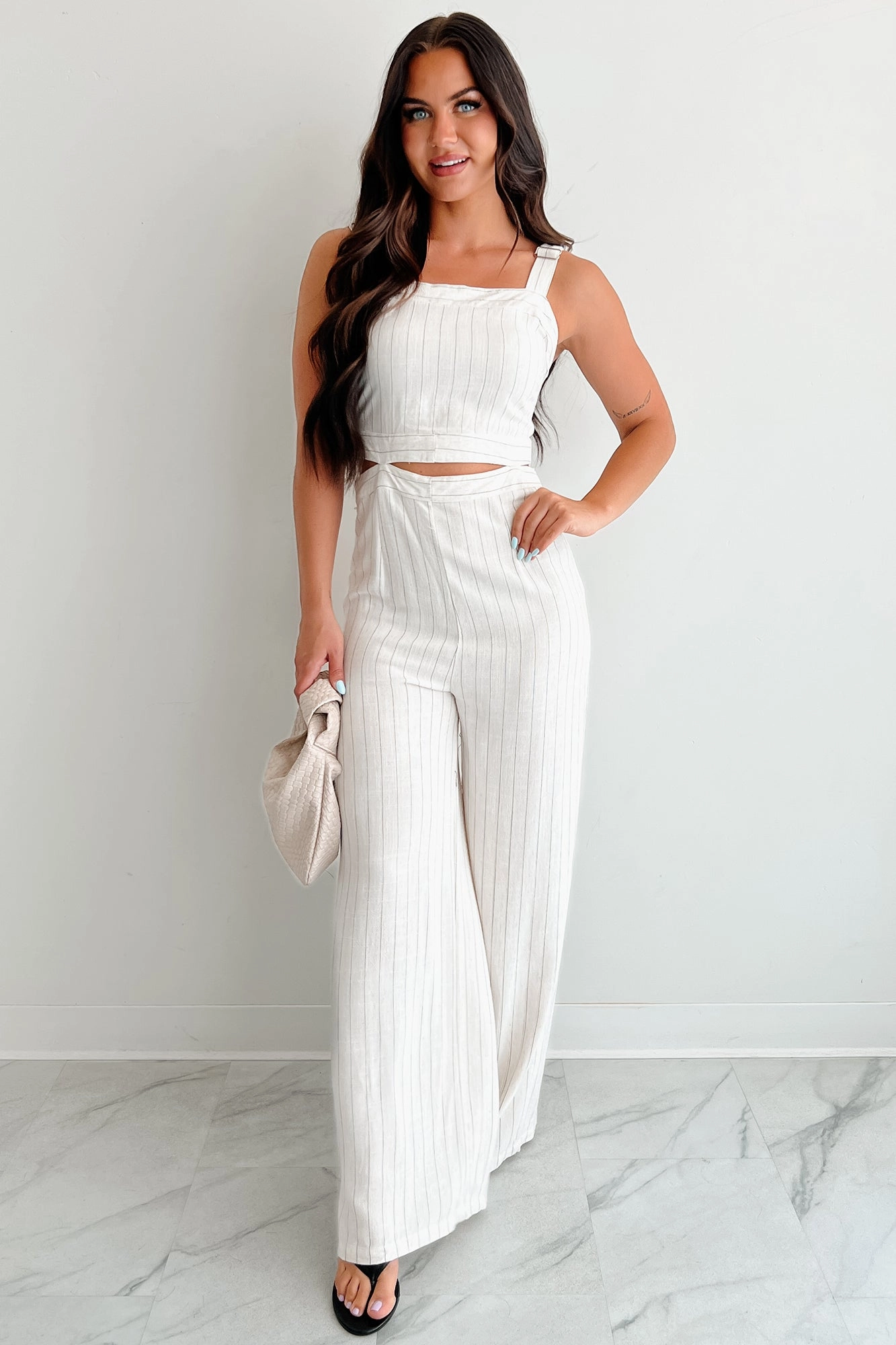 Elegant Waistband Days Like This Striped Cut-Out Jumpsuit (Oatmeal)