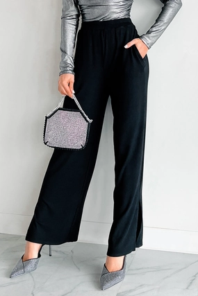 Can't Be Bothered Ribbed Knit Wide Leg Pants (Black) Training Comfort Full Motion