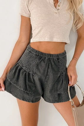 Body Sculpting Dynamic Motion Living Unfiltered Denim Tiered Ruffle Shorts (Charcoal)